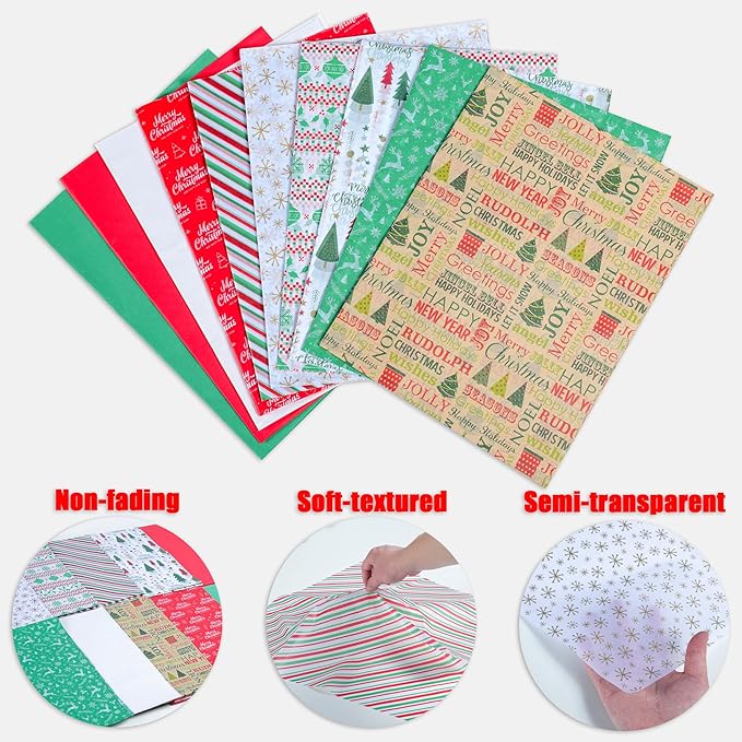 BLEWINDZ 150 Sheets Christmas Tissue Paper, 20" x 20", 10 Festive Designs, Ideal for Gift Wrapping, DIY Crafts & Holiday Decor