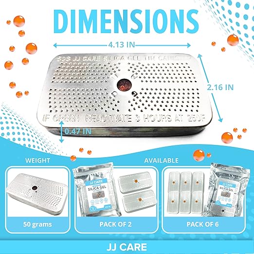 JJ CARE Silica Gel Canister, 50g [Pack of 6] - (Orange to Green) Indicating Rechargeable Dehumidifier Desiccant Beads, Safe Moisture Absorber, Ammo Can Dehumidifier for Gun Safe, Vault, Bedroom, Car