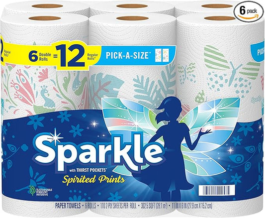 Sparkle Pick-A-Size Paper Towels, Spirited Prints, 6 Double Rolls = 12 Regular Rolls, Everyday Value Paper Towel With Full And Half Sheets