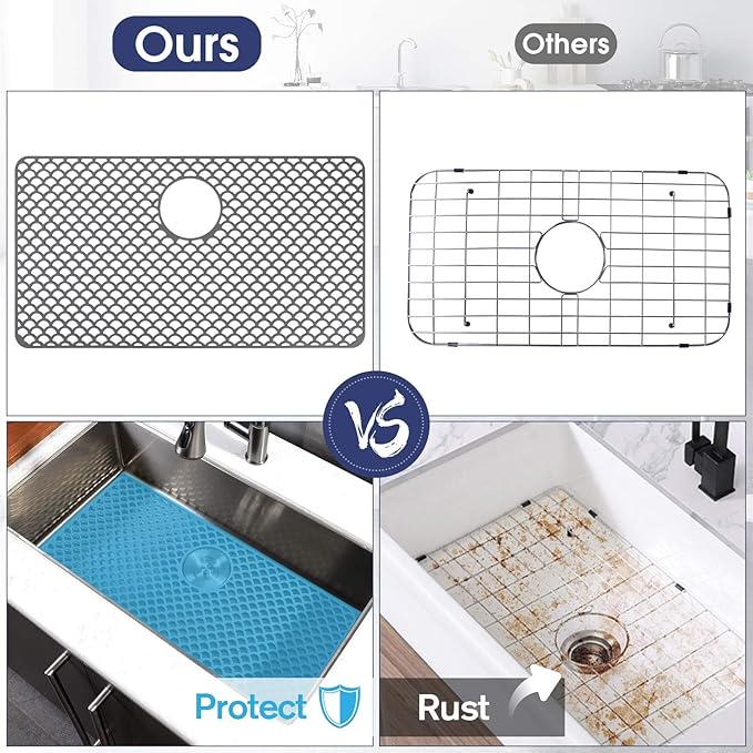 Silicone Sink Protector - 28"x15" Rear Drain Hole, Heat Resistant Non-slip Dishwasher Suitable, Large Sink Mat for Farmhouse Kitchen