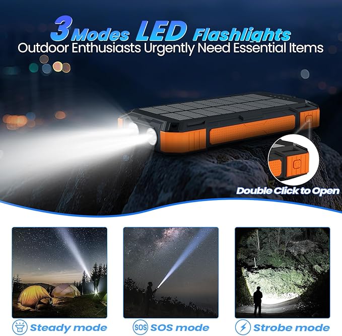 Solar Power Bank 49800mAh - Wireless Portable Charger 15W Fast Charging with 4 Built-in Cables. Equipped with a Powerful Flashlight, IP65 Outdoor Waterproof Power Bank Perfect for Camping, Hiking