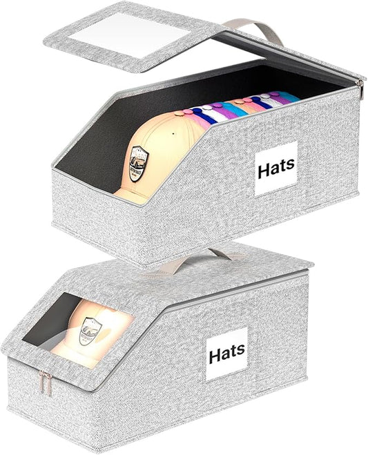 Stackable Hat Organzier for Baseball Caps, 2 PCS Hat Storage Holder Holds up to 24 Caps for Closet, Dust-Proof Hat Boxes Container with Clear Window for Home