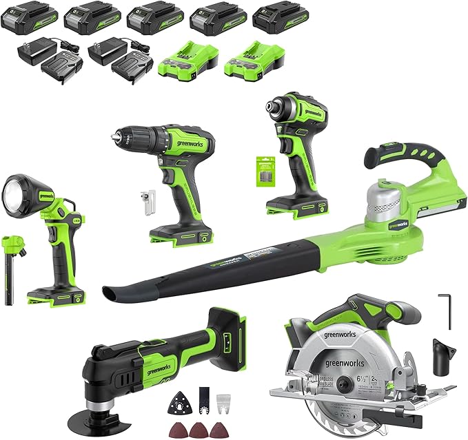 Greenworks 24V Brushless 6-Tool Combo Kit, Cordless Power Tool Set with 130MPH Blower, 6-1/2" Circular Saw, Drill/Driver, Impact Driver, Multi-Tool, Work Light & 4 Batteries