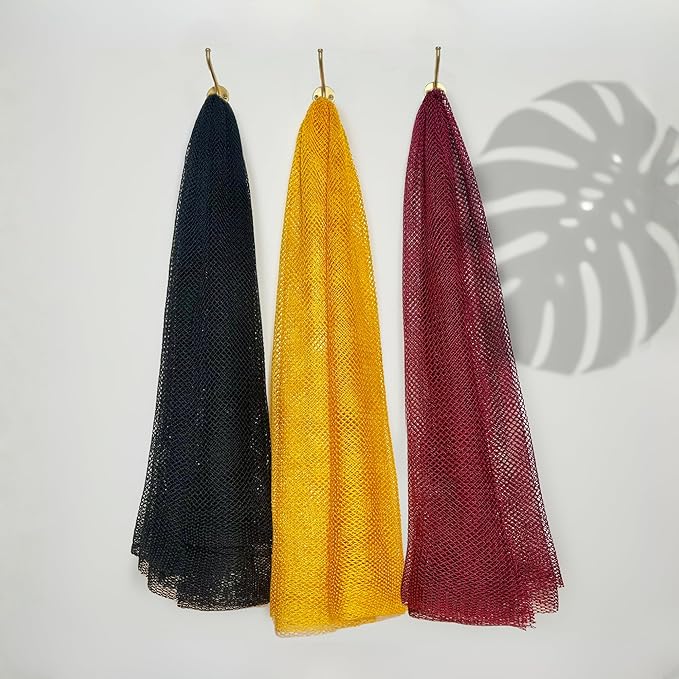 Authentic African Net Sponge – 3-Pack Exfoliating Mesh for Face & Body, Deep Clean, Quick Dry, Long-Lasting Bath Scrubber for All Skin Types, Travel-Friendly & Durable (Black, Yellow, Red)