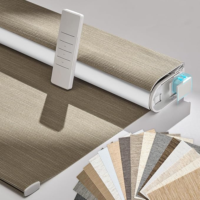 Persilux Smart Motorized Blinds with Remote, No Drill Automatic Roller Shades for Indoor Windows, Blackout Linen Fabric, Electric Blinds for Windows, Weave Caribou C162BO-5, Custom Size