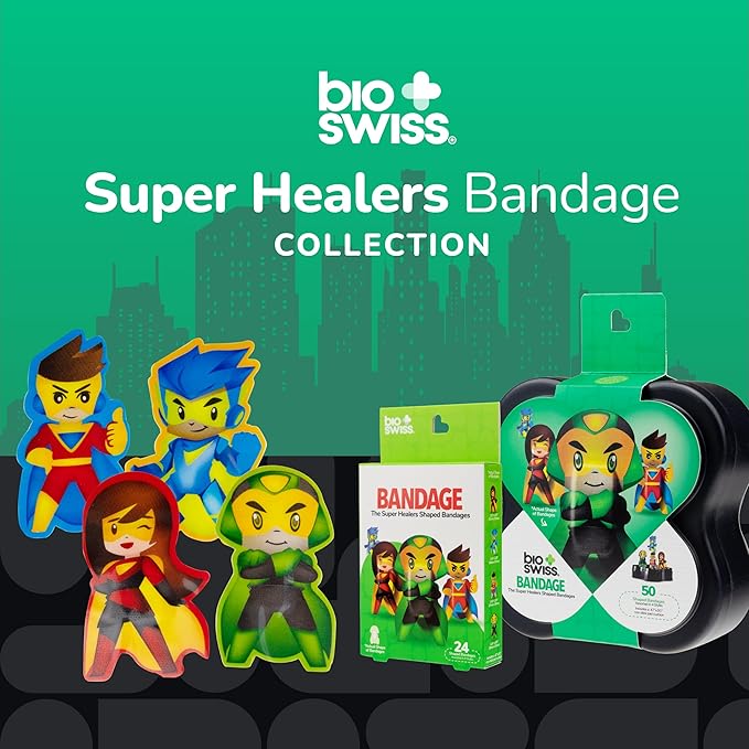 BioSwiss Kids Bandages, Super Healers Superhero Shaped Self Adhesive Bandage Set, Latex Free, Sterile Wound Care, 24 Count
