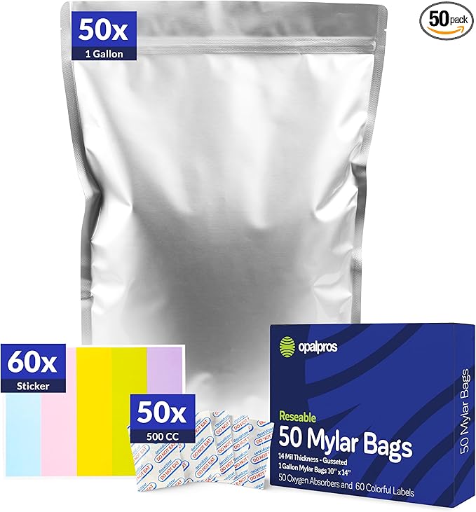 50 pcs Gusseted 14 Mil Mylar Bags with Oxygen Absorbers, 1 Gallon with 500cc Oxygen Absorbers - mylar bags for food storage + Colorful labels