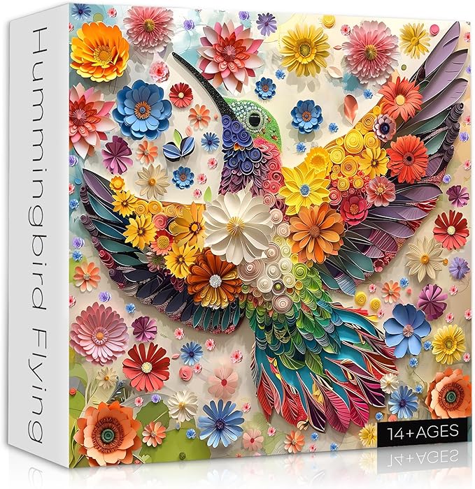 PICKFORU Hummingbird Puzzles for Adults 1000 Pieces, Flower Animal Bird Puzzle Quilling Paper Cut Art, Nature Garden Challenge Jigsaw Puzzle
