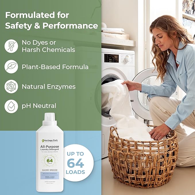 Heritage Park Luxury Laundry Detergent | Dermatologist Tested Plant based Natural & Enzyme Laundry Detergent | Sensitive Skin Friendly - Shore Breeze (32 fl oz)