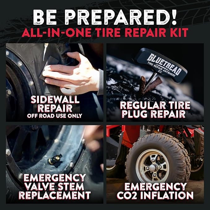 GlueTread ATV Tire Repair Kit Complete Off-Road Tire Patch Kit - Includes Glue Tread Sidewall Repair Patches, Colby Emergency Valve, Plug Kits (12 Plugs), T Handles and 4 CO2 Cartridges - Heavy Duty
