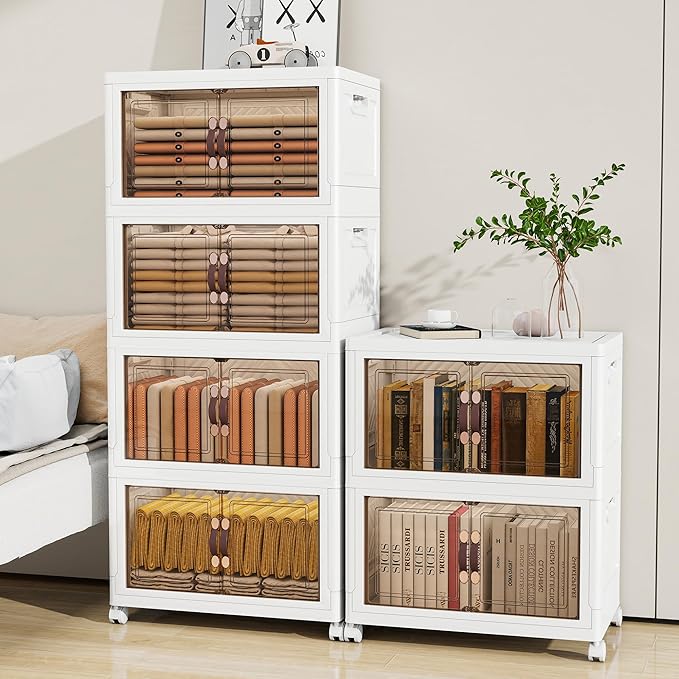 Storage Bins with Lids and Wheels, Collapsible Bathroom Storage Cabinet with Clear Doors, Plastic Stackable Closet Organizers and Storage Containers White 597 QT