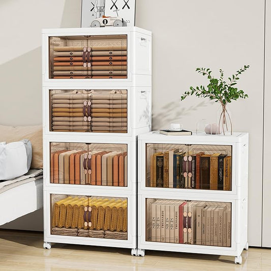 Storage Bins with Lids and Wheels, Collapsible Bathroom Storage Cabinet with Clear Doors, Plastic Stackable Closet Organizers and Storage Containers White 597 QT