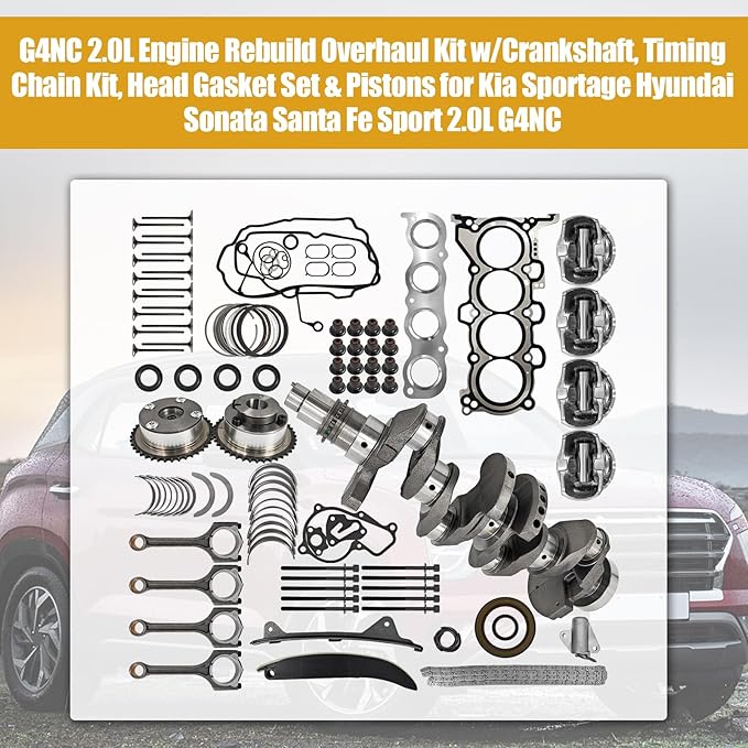G4NC 2.0L Engine Rebuild Overhaul Kit w/Crankshaft, Timing Chain Kit, Head Gasket Set & Pistons Fits for Kia Sportage; for Hyundai Sonata Santa Fe Sport Replace# 23110-2E501 623V6-2EH00 23510-2E001