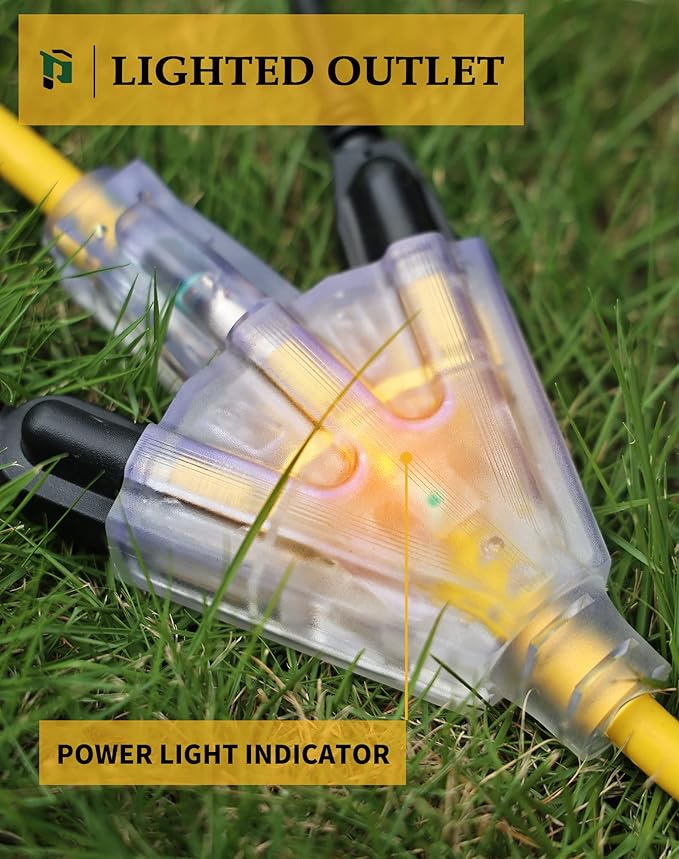 15Ft 12/3 Outdoor Extension Cord with 3-Outlets, Heavy Duty 12 Guage 3 Prong Extension Cord Waterproof with Lighted end, 15A 12AWG 1875W SJTW, ETL Listed - Great for Garage, Garden and Home, Yellow