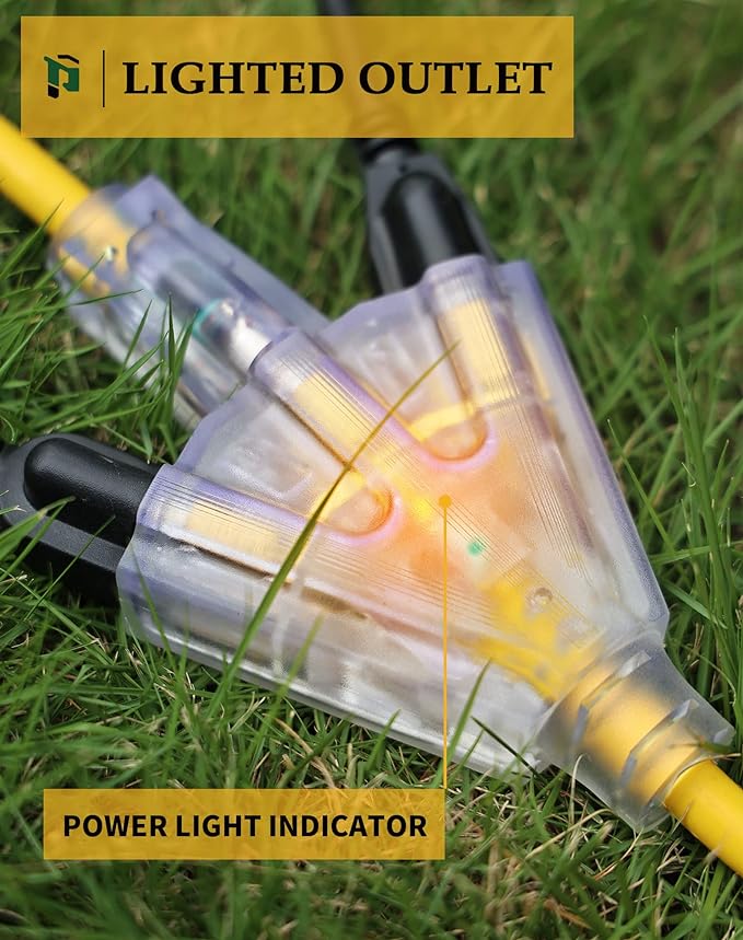 15Ft 12 Gauge Outdoor Extension Cord with 3-Outlets, 2 Pack, Heavy Duty 3 Prong Extension Cord Waterproof with Lighted end, 15A SJTW, ETL Listed, Yellow