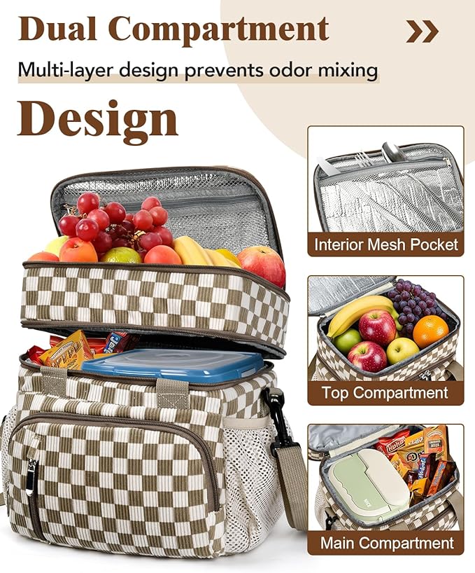 Lunch Box for Women, Double Insulated Lunch Bag Reusable Leakproof Cooler Bag Portable Picnic Food Bag, Adult Lunch Tote Lunch Bag for Work, Office, Travel, Beach - Corduroy Khaki Checkered