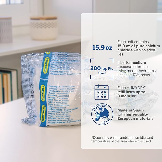 HUMYDRY® Bundle containing 4 refills 15.9oz Moisture Absorber Refill Pouches, unscented, medium room dehumidifier refills for spaces up to 200 sq.ft.