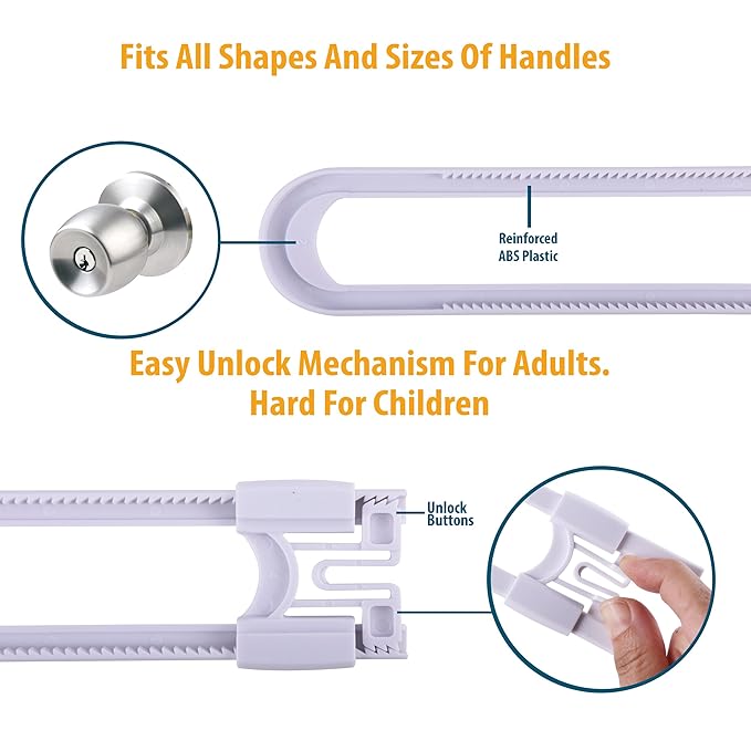 Sliding Cabinet Locks Baby Proofing – Adjustable Child Safety Latches for Knobs & Handles – 2 Pack – No Adhesive Drilling or Tools - White