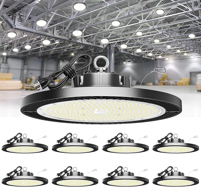Super Bright 250W 35000LM 8pack UFO LED High Bay Light,5000k High Bay LED Shop Lights with Plug 5ft Cable Hanging Hook Safe Rope, Shop Lights for Garage Factory Workshop Warehouse Barn