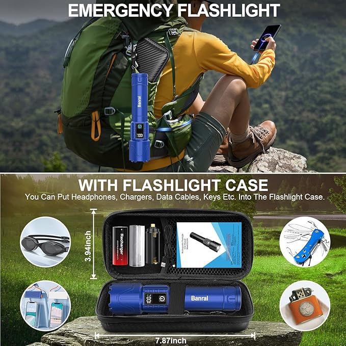 Banral Rechargeable Tactical Flashlights High Lumens - 5000mAh Super Bright LED Powerful Flash Light, Waterproof Handheld USB C Flashlight for Home,Car,Camping,Emergencies,5 Modes,Zoomable (2, Blue)