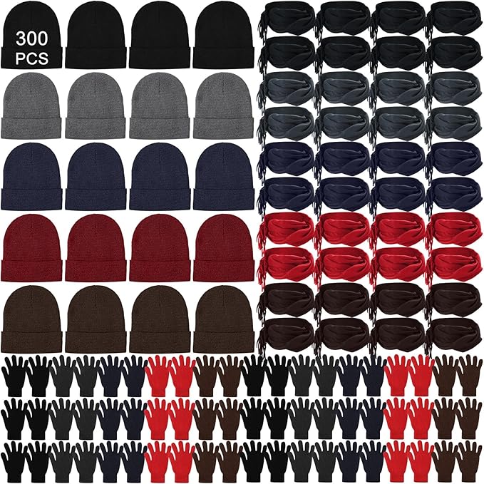 Unittype 300 Pcs Winter Beanies Gloves Scarf Set Bulk 100 Knit Skull Cap 100 Pair Winter Gloves 100 Neck Warmer for Men Women