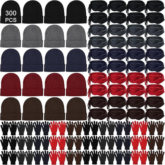 Unittype 300 Pcs Winter Beanies Gloves Scarf Set Bulk 100 Knit Skull Cap 100 Pair Winter Gloves 100 Neck Warmer for Men Women