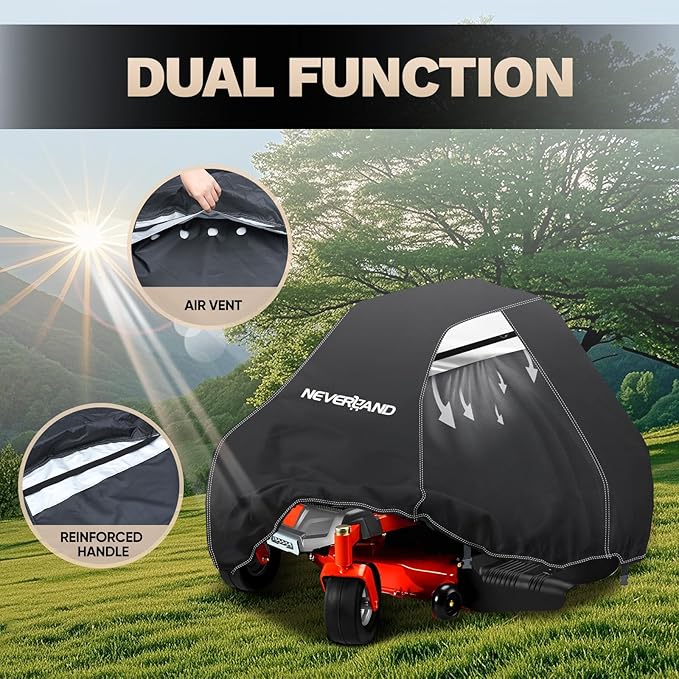 NEVERLAND Zero Turn Mower Cover - Anti-UV Lawn Mower Cover Waterproof Outdoor, 210D Lawn Tractor Cover with Drawstring & Storage Bag Universal Fit up to 60" Decks - Handles and Dual Air Vents