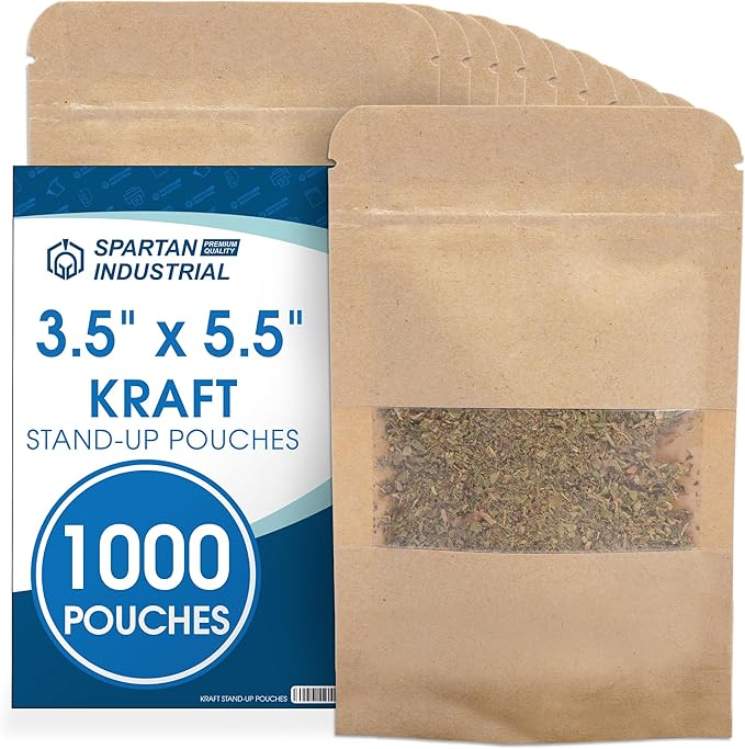 Spartan Industrial - 3.5" X 5.5" Kraft Resealable Stand-Up Pouches - Pack of 1000 Small Storage Bags for Smell-Proof Food Storage and Packaging, Pet Treats, Cosmetics, and More