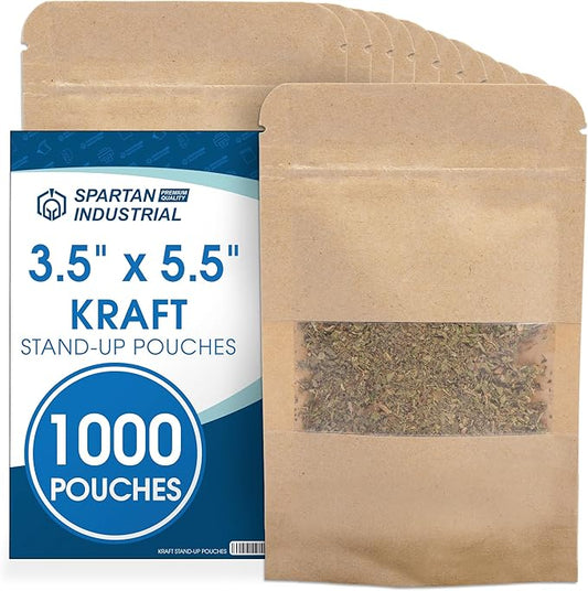 Spartan Industrial - 3.5" X 5.5" Kraft Resealable Stand-Up Pouches - Pack of 1000 Small Storage Bags for Smell-Proof Food Storage and Packaging, Pet Treats, Cosmetics, and More