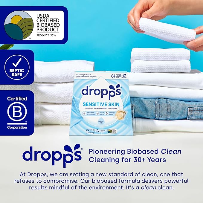 Dropps Sensitive Skin Laundry Detergent Pods, Unscented (64 Count) - Dermatologist Tested Laundry Pods - HE Compatible Laundry Supplies for Clean Clothes, Vegan & Dye-Free