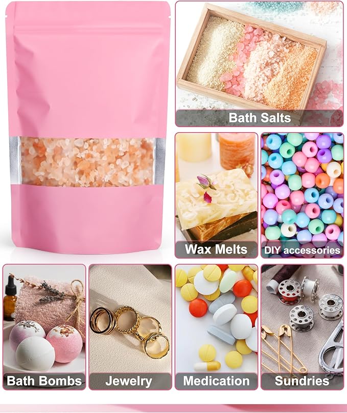 FireKylin 100 Pack Smell Proof Bags 5.5" x 7.8", Resealable Bags with Matte Window, Foil Pouch Stand Up Sealable Bags for Packaging（Pink）
