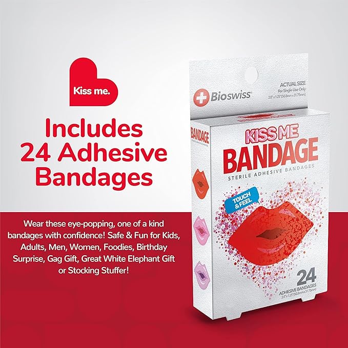 BioSwiss Kids Bandages, Lips Shaped Self Adhesive Bandage Set, Latex Free, Sterile Wound Care, 24 Count