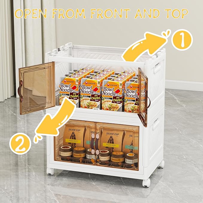 Storage Bins with Lids and Wheels, Collapsible Bathroom Storage Cabinet with Clear Doors, Plastic Stackable Closet Organizers and Storage Containers White 90 QT
