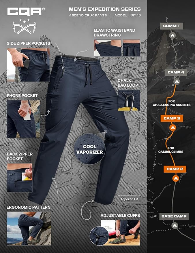 CQR Men's Lightweight Vent Hiking Pants, Water-Resistant & Breathable Sports Outdoor Athletic Pants with Elastic Waist