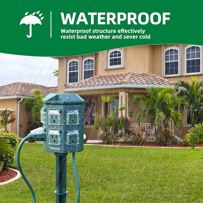 Outdoor Power Stake Timer, Remote Control Dusk to Dawn Light Timer, 30FT Extension Cord Waterproof, 6 Grounded Outlets for Outdoor Christmas Decorations, ETL Listed