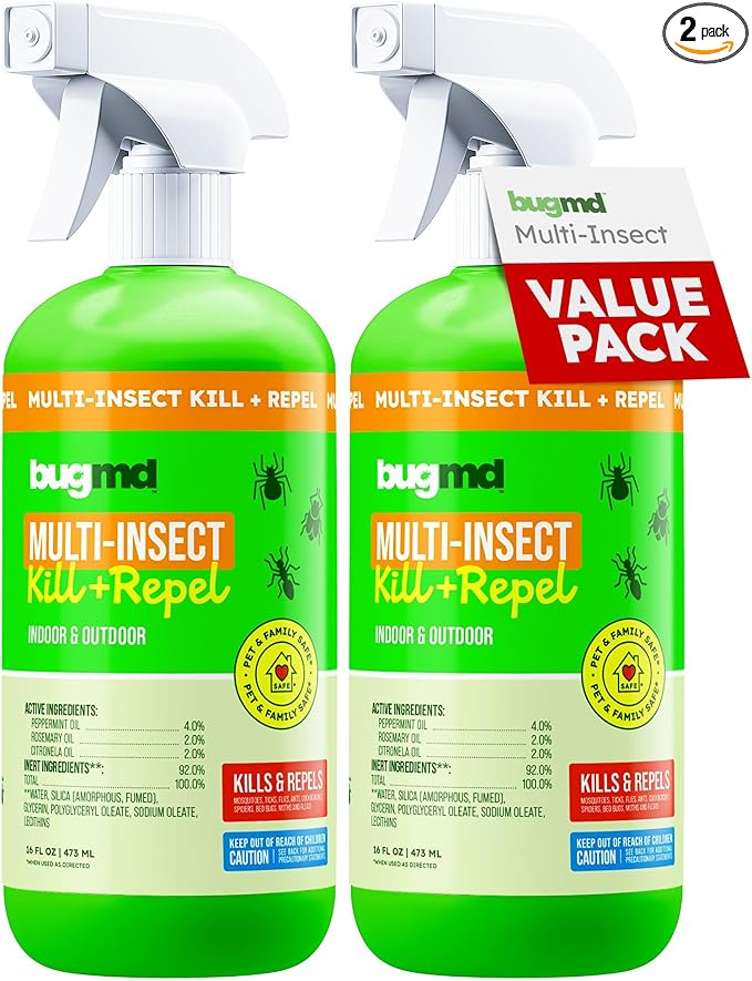 BugMD Pet Safe Multi-Insect Killer & Repellent | Peppermint Oil Spray for Spiders, Ants & Roaches | Indoor & Outdoor Bug Spray (Pack of 2)