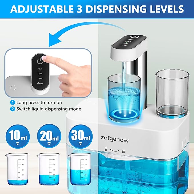 Upgraded Automatic Mouthwash Dispenser for Bathroom,Bathroom Accessories 17.6 FlOz Dispensers with Magnetic Cups,Adjustable Dispensing Levels, Suitable for All Age Groups,White
