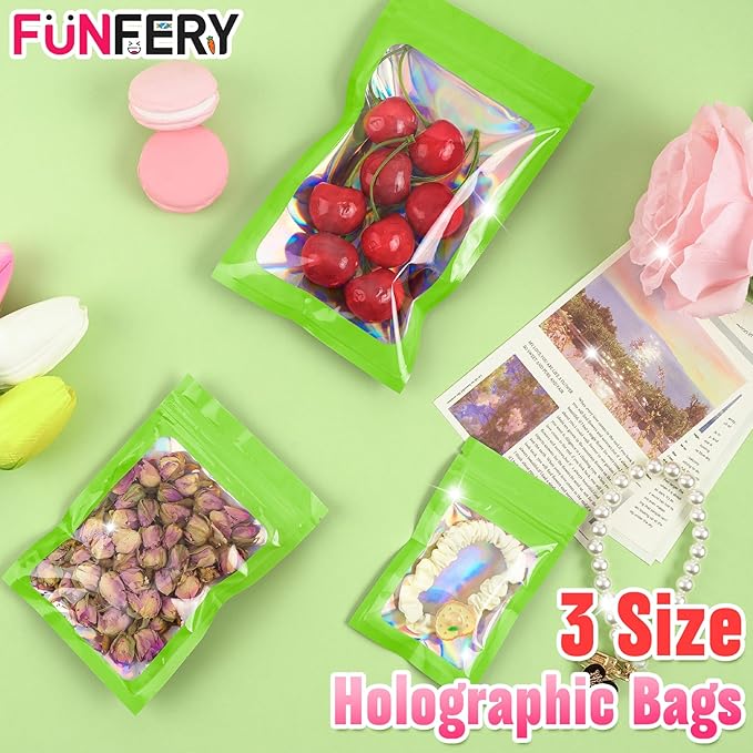 Funfery 300 Pack 3 Size Mylar Holographic Bags with Clear Window,Resealable Bag Smell Proof Foil Baggies Packaging Pouch for Food Storage,Sample,Small Business(Green,3x4.7,4x6,4.7x7.9in)