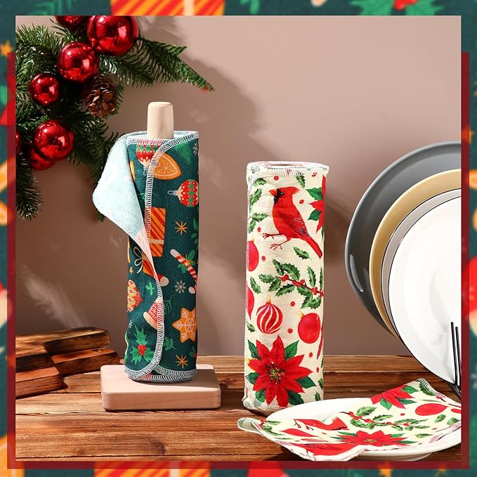 Redbaker 50 Pcs Reusable Paper Towels Paperless Reusable Cotton Cloths Toilet Absorbent Washable Paper Towels with Roll Kitchen Dishcloth for Kitchen Paperless Dishcloths(Christmas Style)