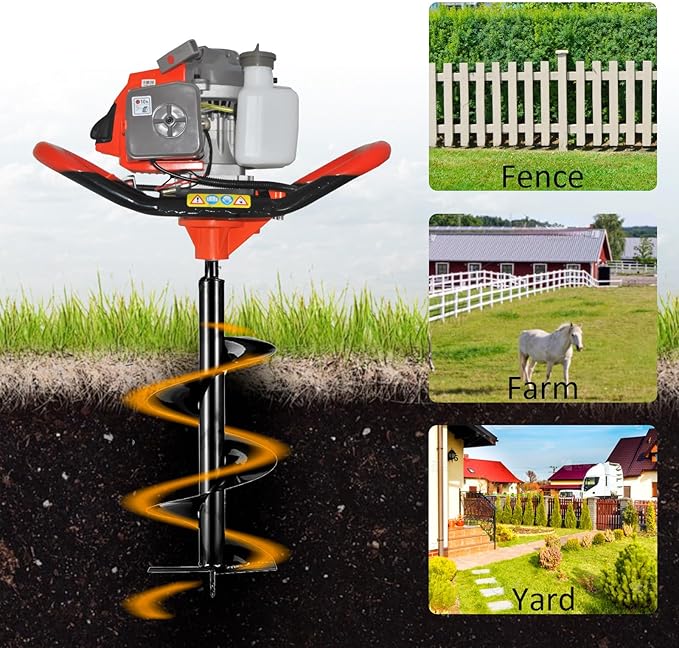 Post Hole Digger,72CC 2 Stroke Auger Post Hole Digger, Gas Powered Earth Digger 3 Auger Drill Bits(4"&8"&12'') and 2 Extension Rods for Farm Garden Plant (72cc Morden Digger)