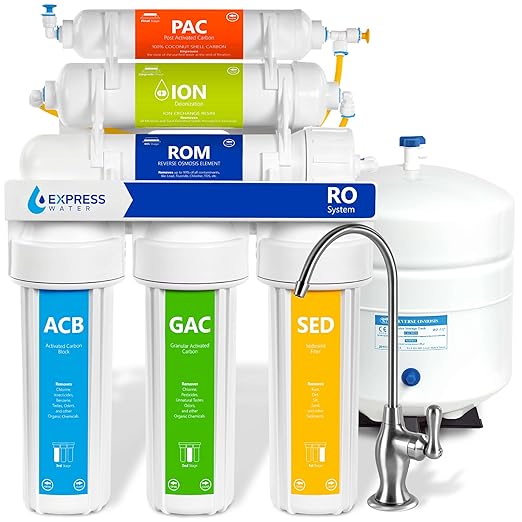 Express Water RODI10D Reverse Osmosis Deionization Water Filtration System – 6 Stage RO Water Filter with Faucet and Tank – Under Sink Water Filter – 100 GPD