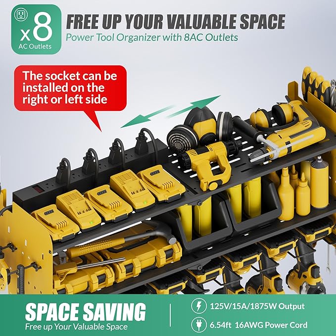Suchtale Power Tool Organizer Wall Mount,Drill Organizer,33.2" Garage Storage,8 Drill Holders,3 Layers Heavy Duty Metal Shelf with 8 Outlets Power Strip, Christmas Gifts for Dad,Husband,Yellow