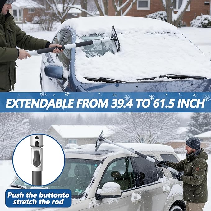 Extra Long 61.5" Ice Scrapers for Car Windshield, Extendable Snow Shovel and Snow Brush for Trucks with 180° Pivoting Brush Head, Portable Winter Snows Removal Tools for Trucks Cars SUVs Vehicle
