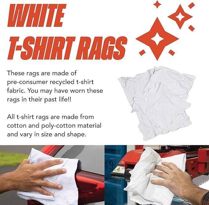 Arkwright Tshirt Box of Rags - 10 lb Box - Low Lint, Streak-Free Multipurpose Professional Cotton Cleaning Cloths for Stain, Paint, Wood, and Grease, White
