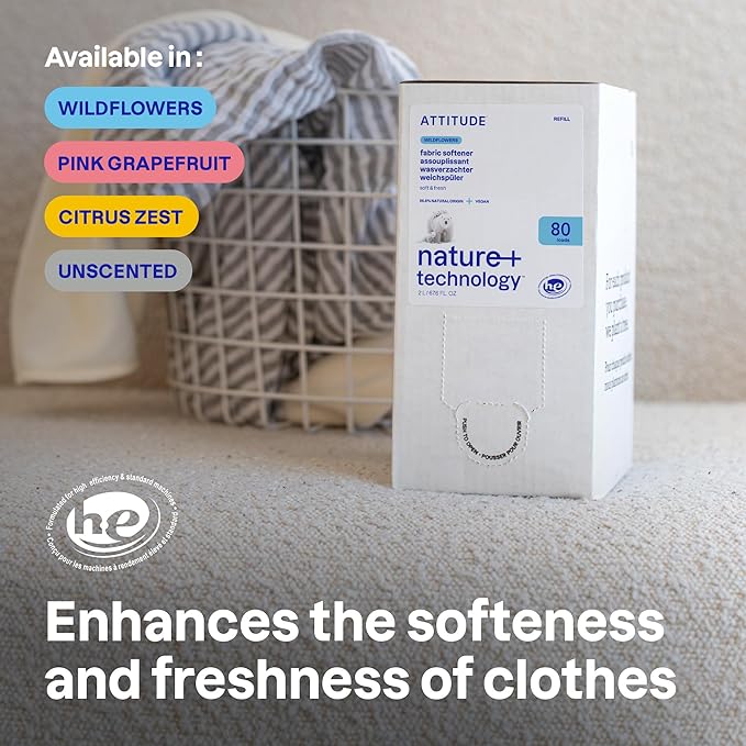 ATTITUDE Liquid Fabric Softener Refill, Plant-Based & Vegan, HE Compatible, Naturally Derived, Wildflowers Scent, 80 Loads, 67.6 Fl Oz