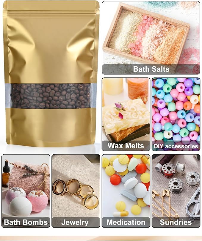 FireKylin 100 Pack Smell Proof Bags 5.9" x 8.6", Resealable Bags with Matte Window, Foil Pouch Stand Up Sealable Bags for Packaging(Gold)