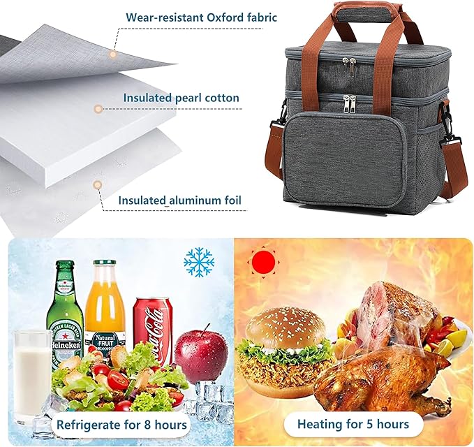 16 litres Insulated Lunch Bag for Men & Women, 2 Deck Lunch Box with Leak-Proof, Insulated Cooler Bag, Reusable Lunch Tote, with Adjustable Shoulder Strap for Office Picnic Hiking Beach
