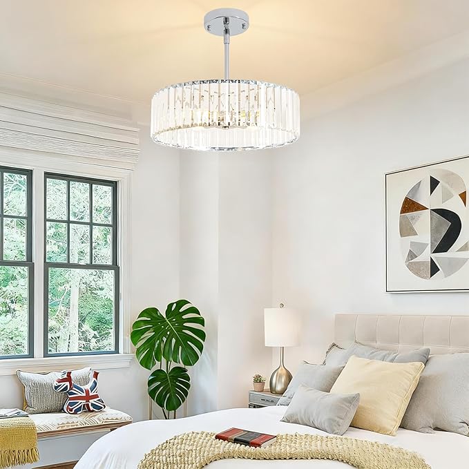 4-Light Chrome Crystal Chandelier,Modern Dinning Room Light Fixture,Round Pendant Light Kitchen Island,Semi Flush Mount Ceiling Light for Hallway Living Room Entryway Bedroom,16 Inch