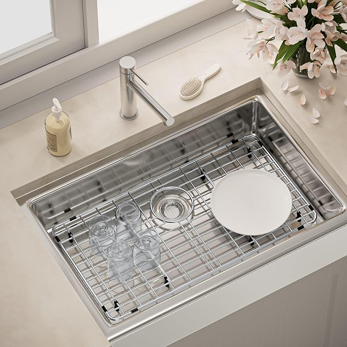 Large Metal Sink Rack 27-9/16" X 14-9/16",Sink Protector for Kitchen Sink,Stainless Steel Sink Grid for Bottom of Sink,Sink Grate with Rear Drain Hole for Single Bowl with Strainer,1 Pack