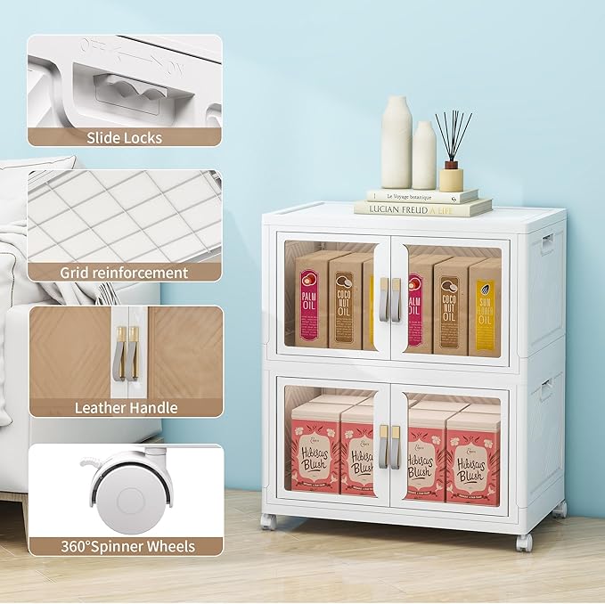 Large Clear Stackable Storage Bins with Lids, Foldable Storage Cabinet for Closet Organizers and Storage, Plastic Storage Box with Wheels 90 QT